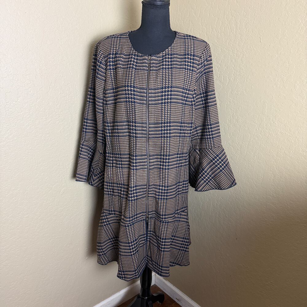 Cabi Flounce Jacket 3902 Womens L Brown Navy Plaid Bell Sleeve Zip Longline